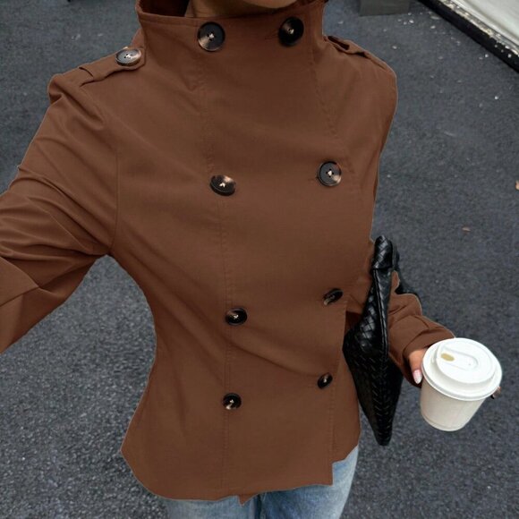 Brown Women's Double-Breasted mini Trench Coat jacket - Picture 1 of 5